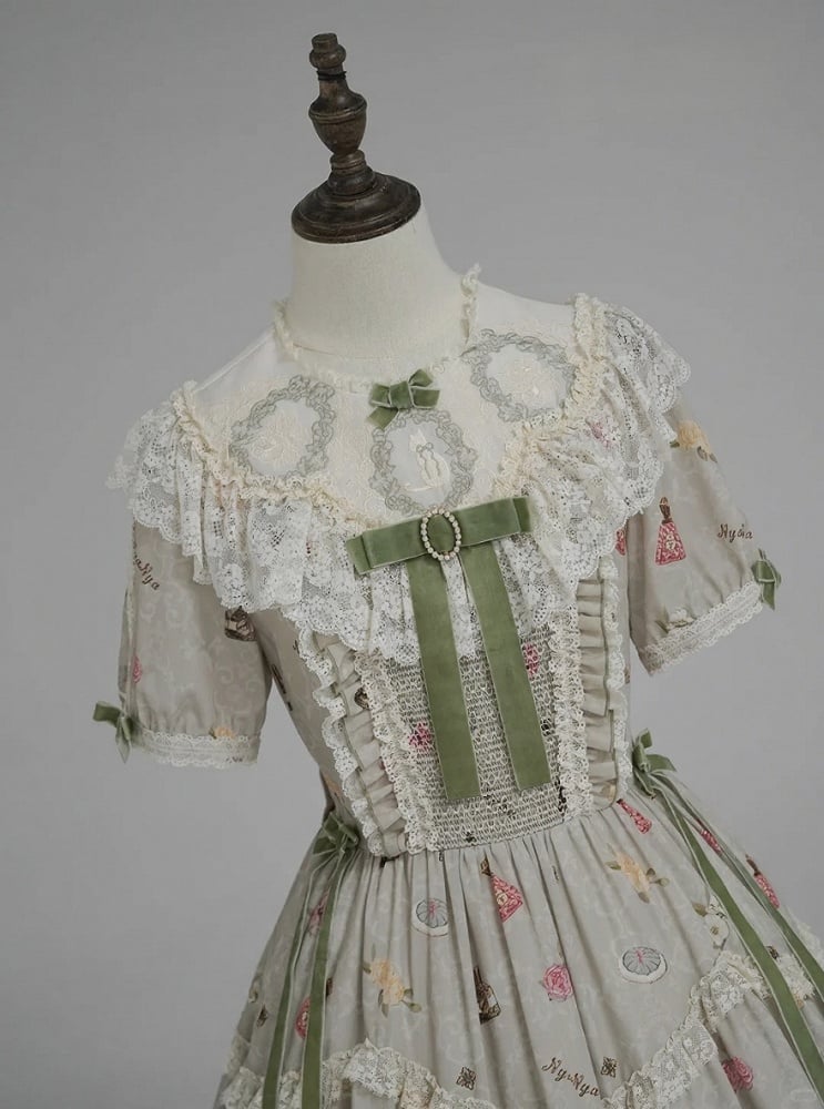 Green Cat Print Round Neck Sweet Lolita Dress with Lace Trim - NyaNya | CoyBunny