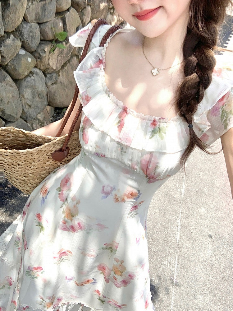 Apricot Summer Vacation Dress with Floral Pattern - Qchiwawameme | CoyBunny