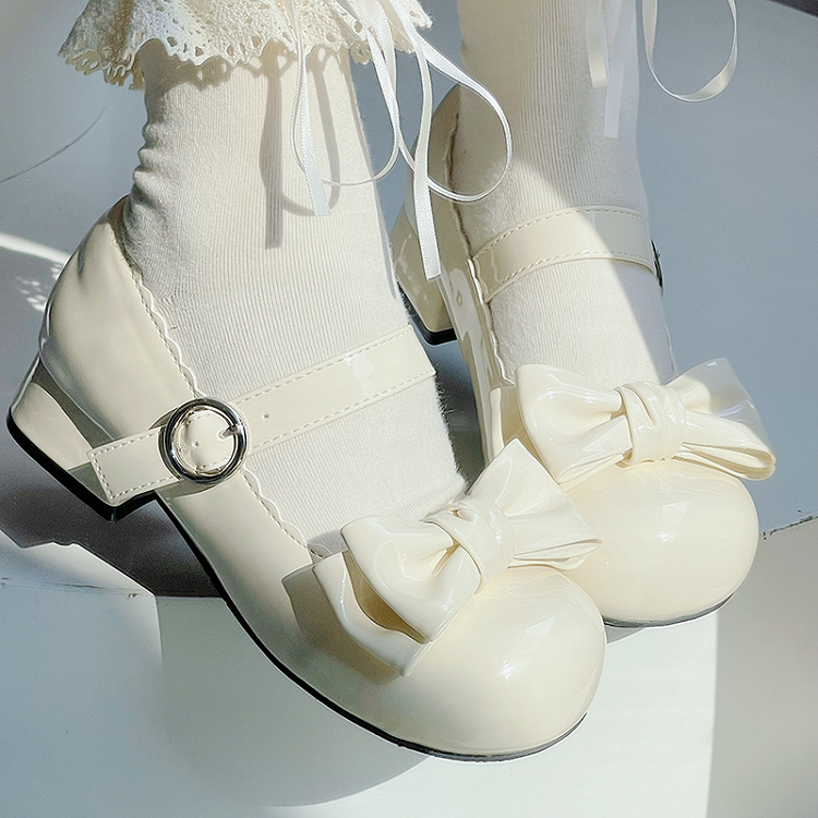 Sweet Lolita Apricot Bow Round Toe Block Heel Mary Janes | CoyBunny