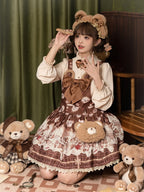 Coffee Teddy Bear Sweet Lolita JSK - Chocolate Print with Lace & Big Bow | CoyBunny