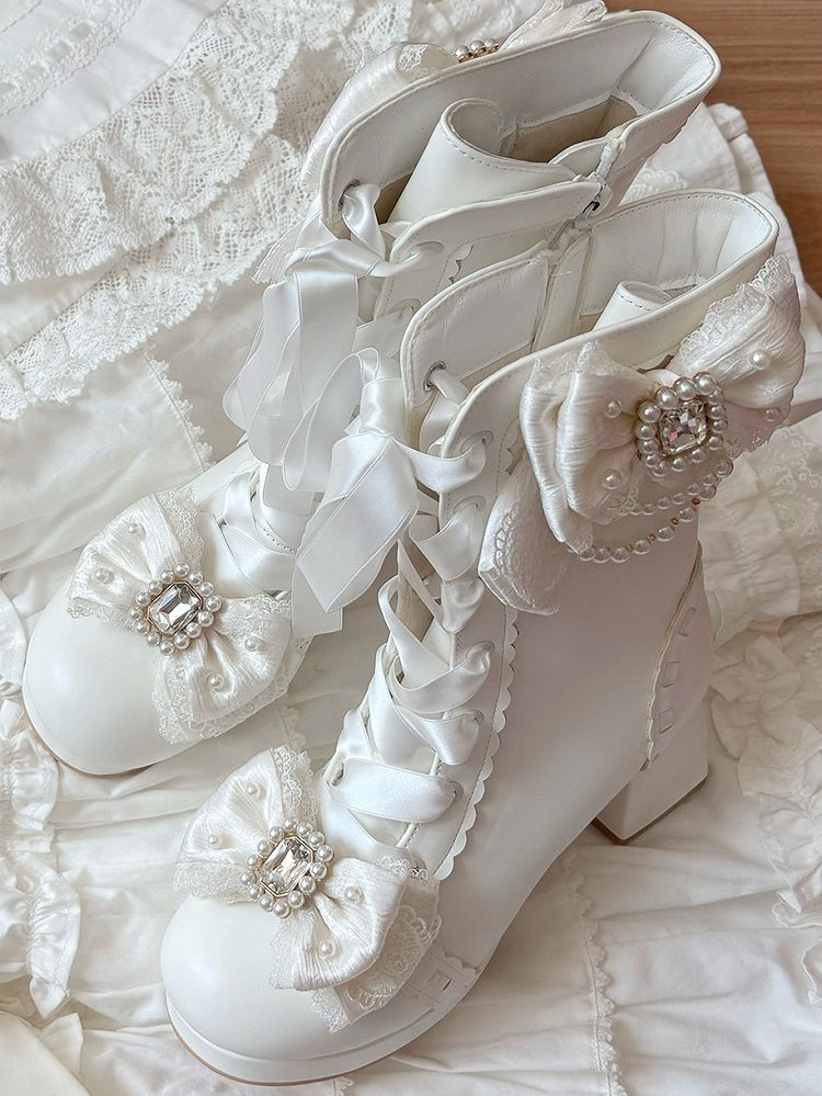 White Sweet Lolita Boots with Elegant Lacing - Sheep Puff | CoyBunny