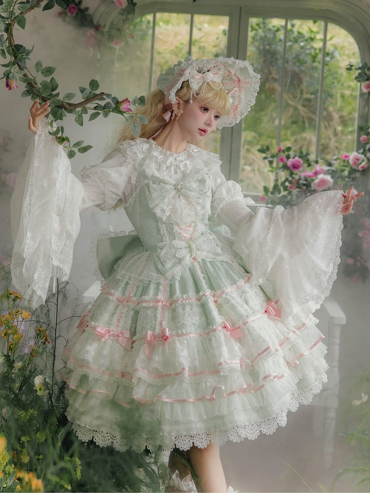 Mint Green Bows Layered Hime Lolita Jumper Skirt Set - Huating | CoyBunny