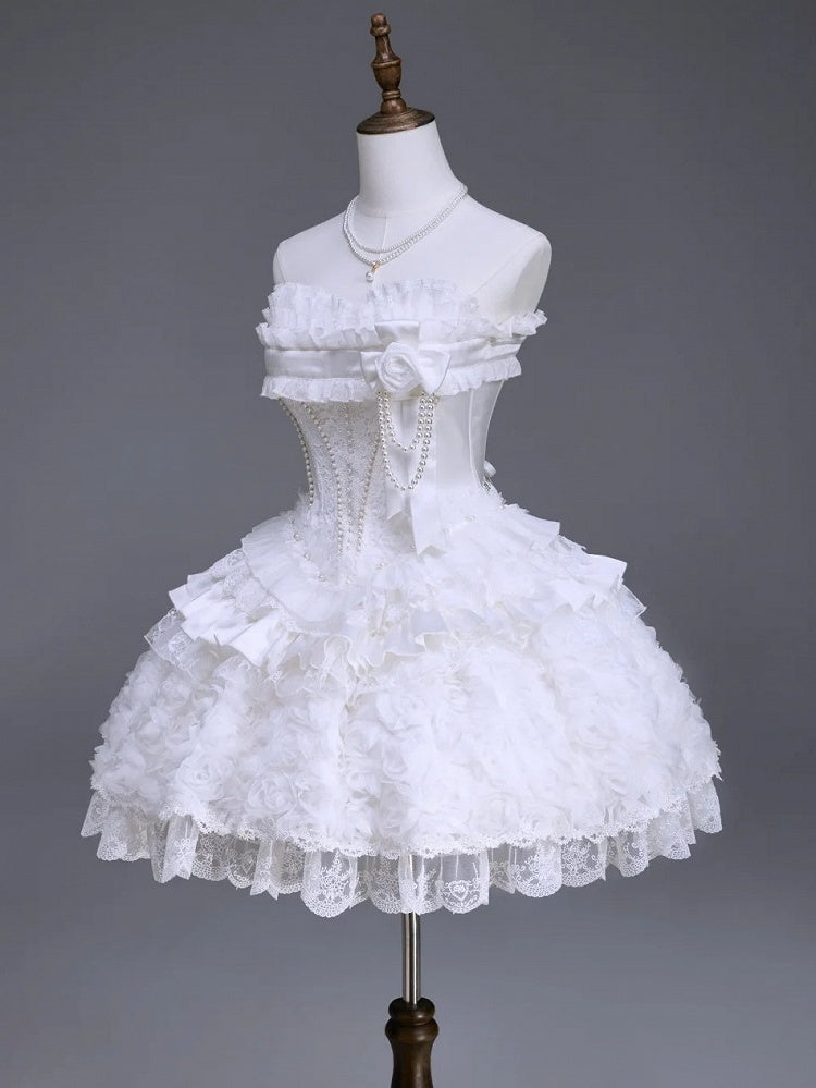 Snow Theme Elegant JSK Dress with Pearl and Floral Brooch - Airfreeing | CoyBunny
