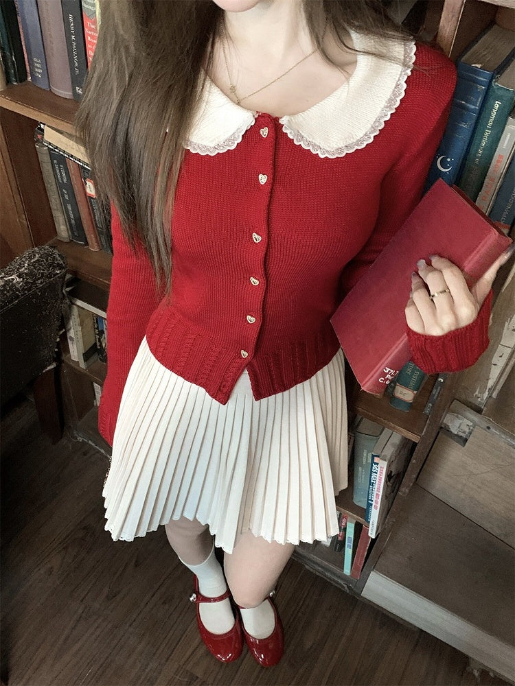 Red Knit Peter Pan Collar Cardigan with Lace - Qchiwawameme | CoyBunny