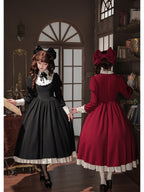 Black Elegant Maid Lolita OP Set with Apron, Necktie & Headband