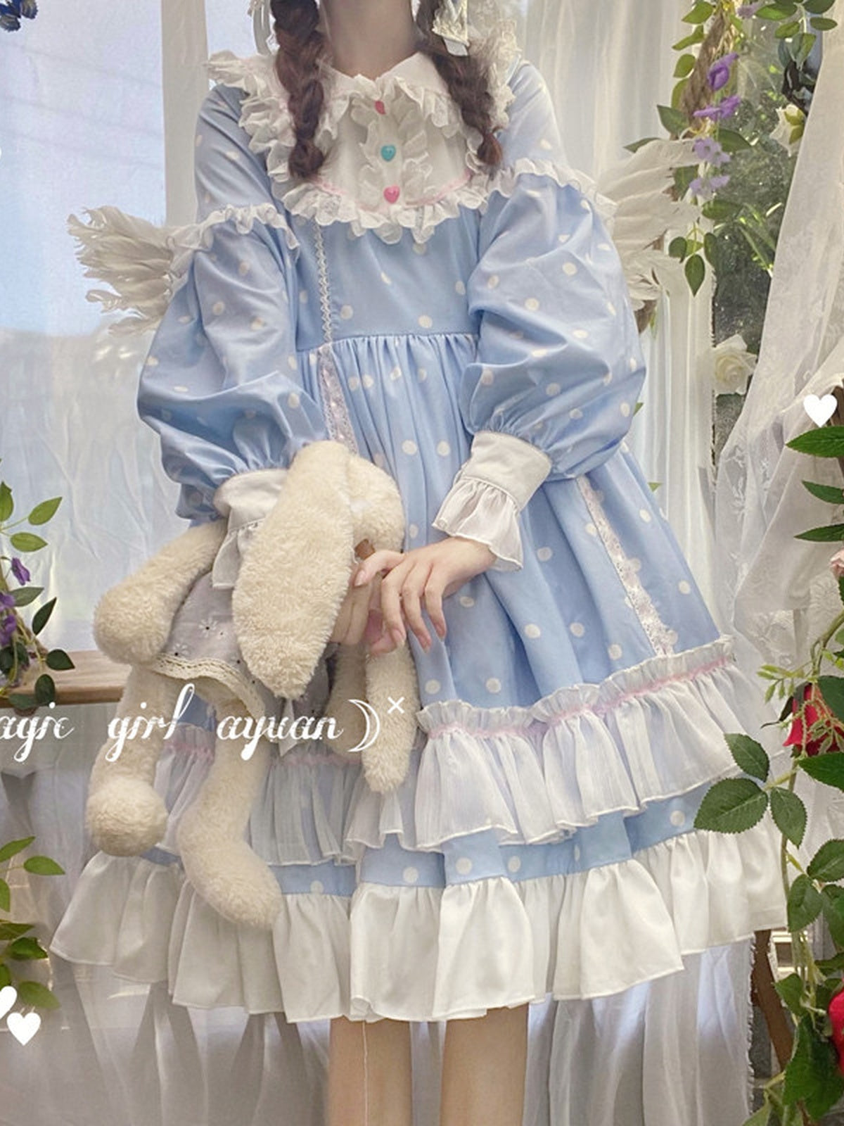 Blue & White Polka Dot Sweet Lolita OP Long Sleeve Dress