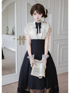 Black Off-White Color Block Lolita Long Dress with Rhinestone Necktie