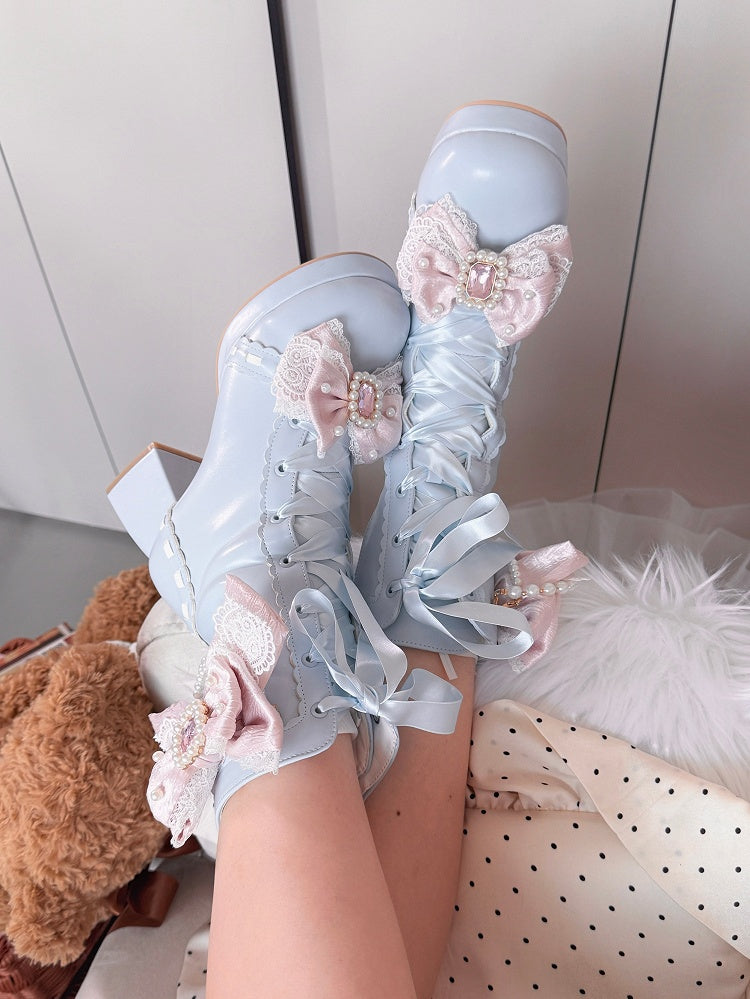 Blue Sweet Lolita Boots with Rhinestone Accents - Sheep Puff | CoyBunny