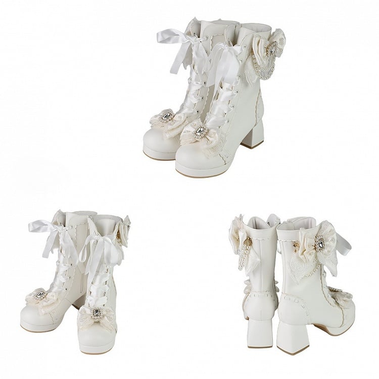 White Sweet Lolita Boots with Elegant Lacing - Sheep Puff | CoyBunny
