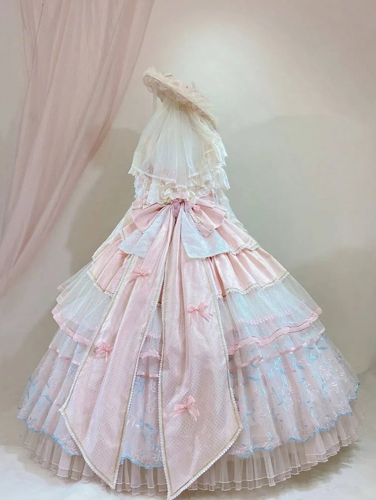 Hanayome Pink Corset Waist Hime Lolita Floor Length Dress Long Version with Floral Embroidery Layered Hem | Lukemi | CoyBunny