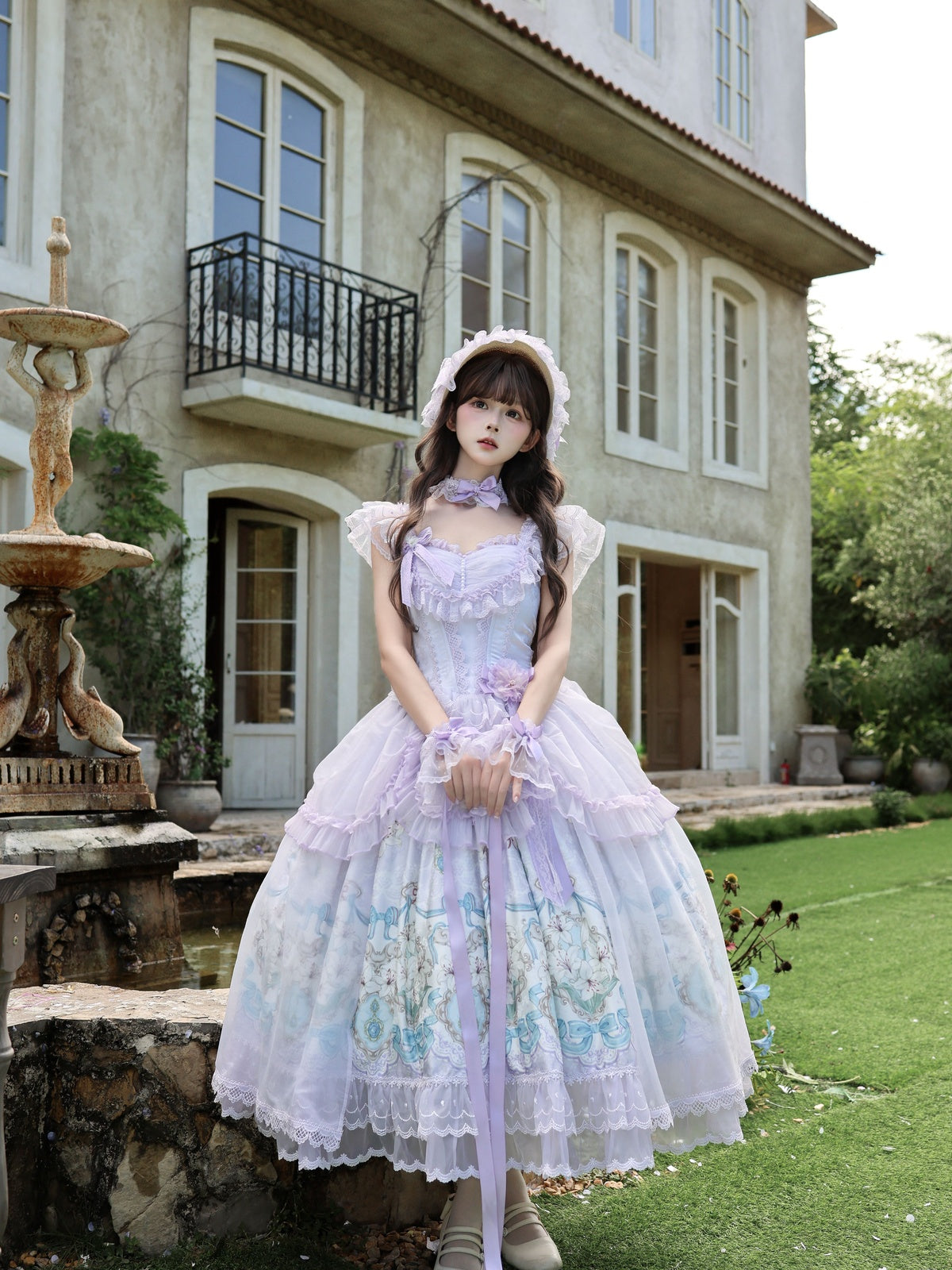 Sweet Mint Purple Lolita JSK Dress Lace Ruffle Floral Print Princess Jumper Skirt
