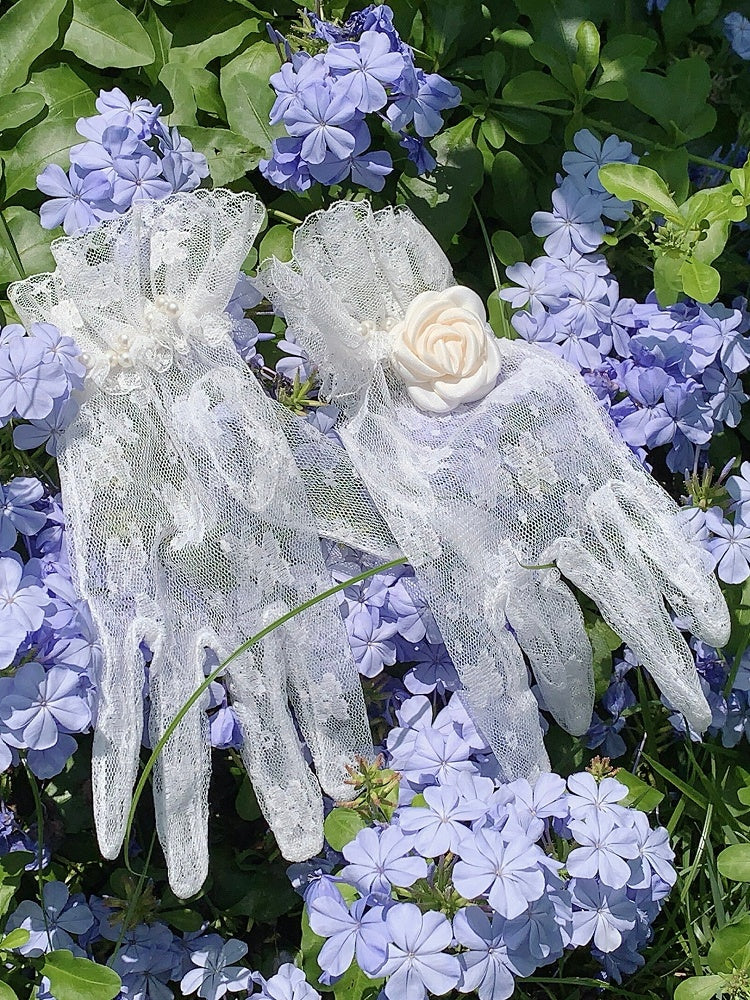 White Lace Classic Lolita Gloves with Beads Roses - Every Page of Poetry | CoyBunny