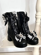 Black Sweet Lolita Boots with Beaded Bow - Sheep Puff | CoyBunny