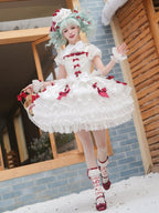 White Strawberry Princess Layered Ruffle Dress Sweet Lolita Jumper Skirt with Detachable Puff | CoyBunny