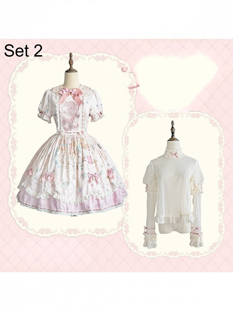 Sweet Lolita OP Dress Set with Puff Sleeves, Bear Print and Floral Embroidery - Treasure House | CoyBunny