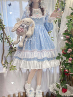 Blue & White Polka Dot Sweet Lolita OP Long Sleeve Dress