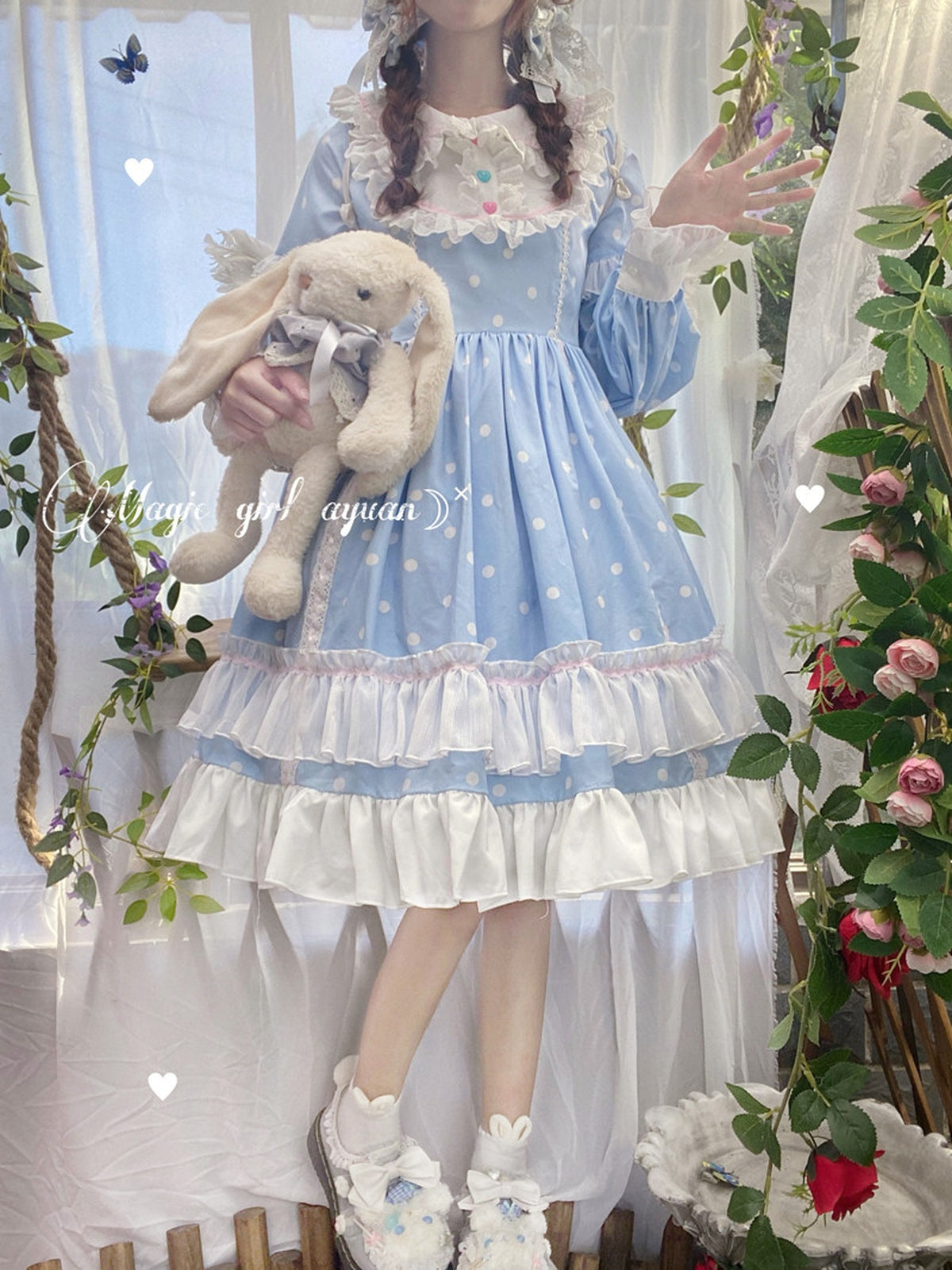 Blue & White Polka Dot Sweet Lolita OP Long Sleeve Dress