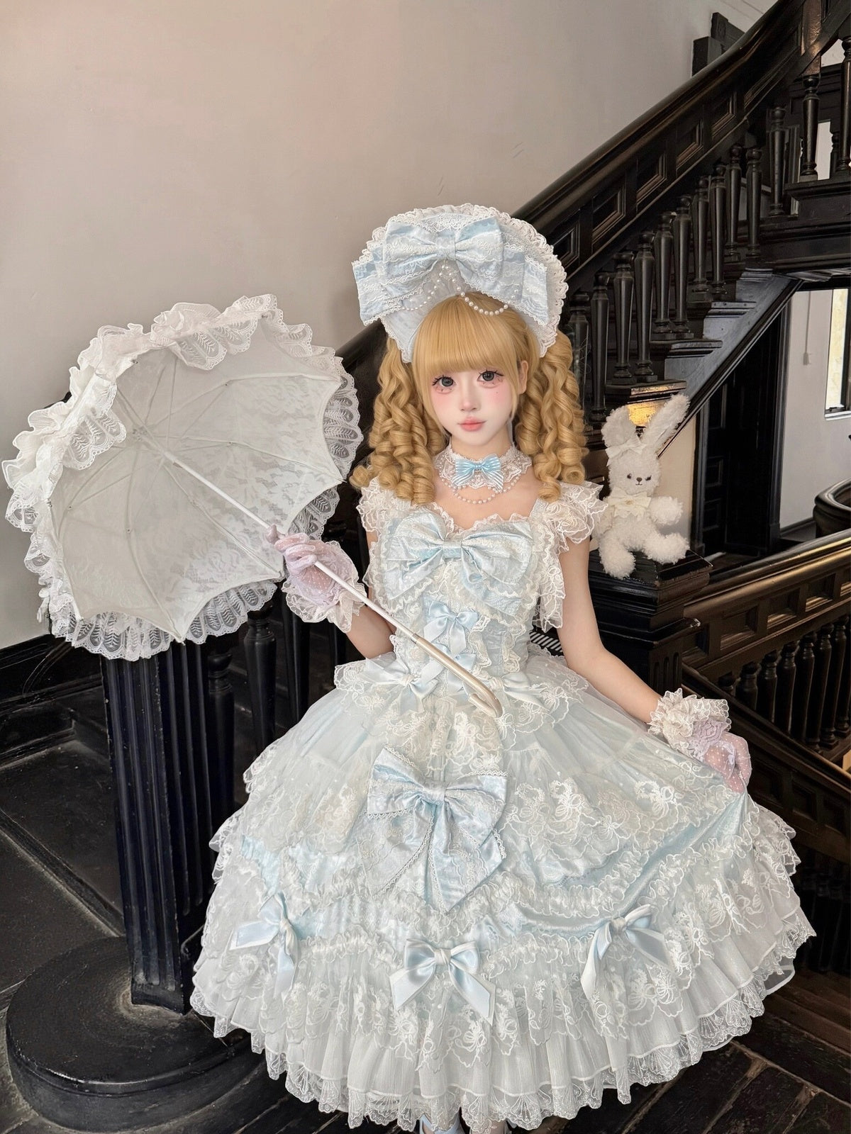 Blue Light Wedding Lolita JSK Dress with Hat & Necklace