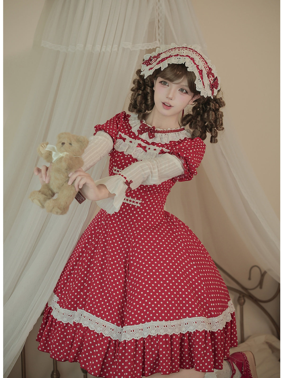 Retro Polka Dot Lolita OP Set with Headband