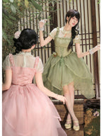 Green Chinese Style Lolita Petal Hem Print OP with Lift-Up Skirt