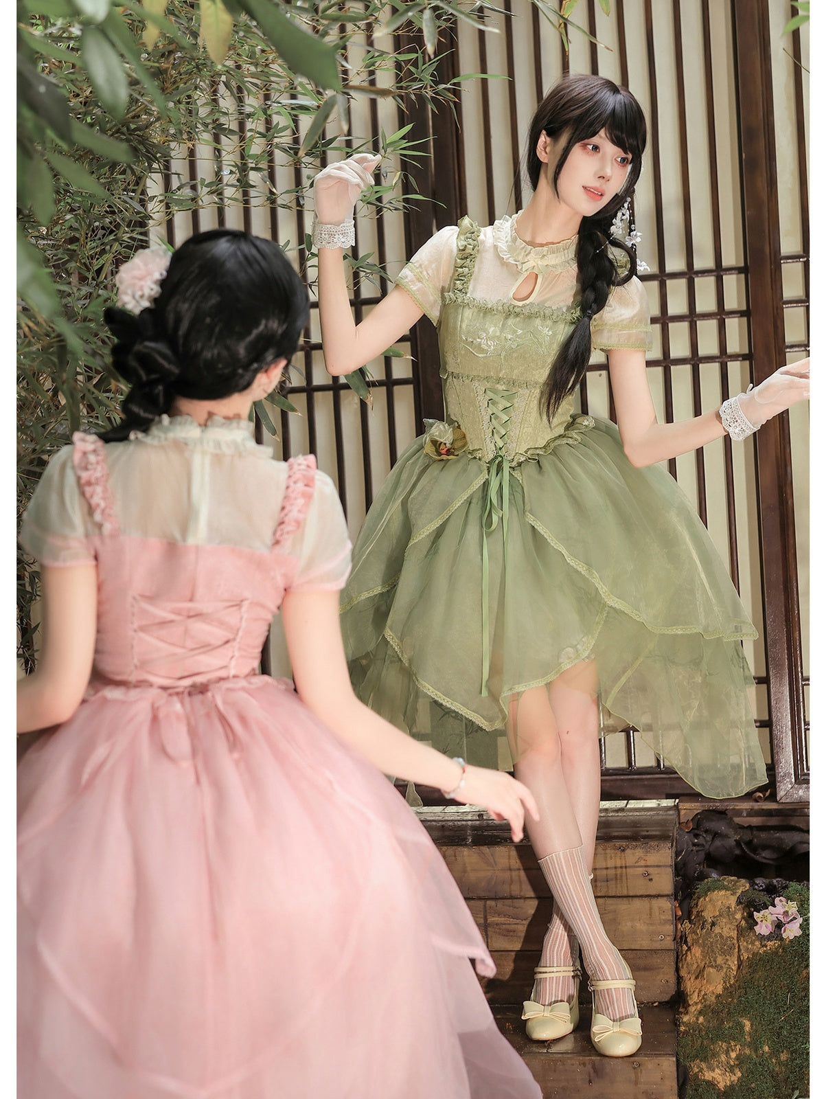 Green Chinese Style Lolita Petal Hem Print OP with Lift-Up Skirt
