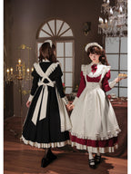 Red Elegant Maid Lolita OP Set with Apron, Necktie & Headband