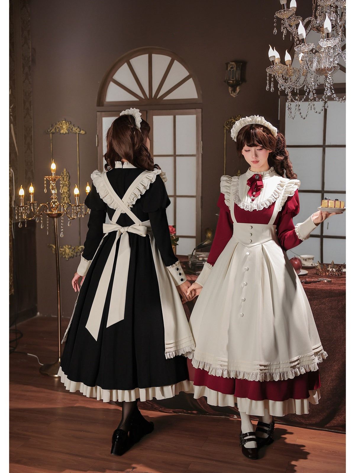 Red Elegant Maid Lolita OP Set with Apron, Necktie & Headband