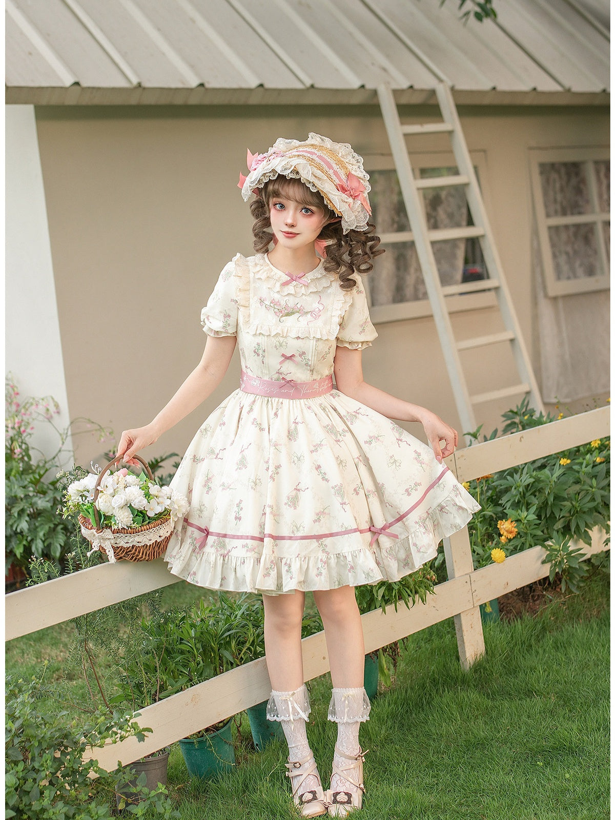 Embroidered Lolita OP Set with Pink Flat Hat & Belt