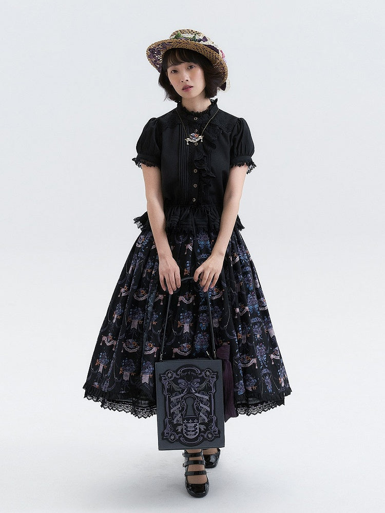 Black Purple Pansy Print Elegant Lolita Skirt | CoyBunny
