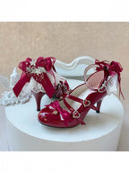Wine Red Strawberry Embroidered 9cm Heels with Bow - Cheese Mango | CoyBunny