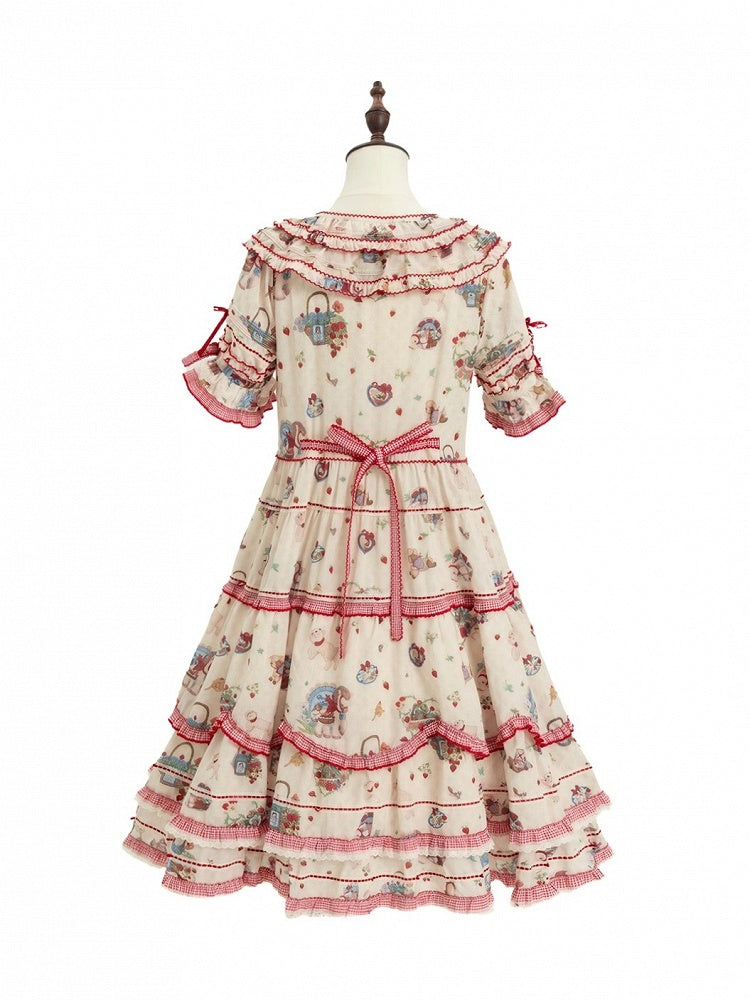Beige Red Short Sleeve Ruffles Cottagecore Lolita OP Dress - DrunkCoco | CoyBunny