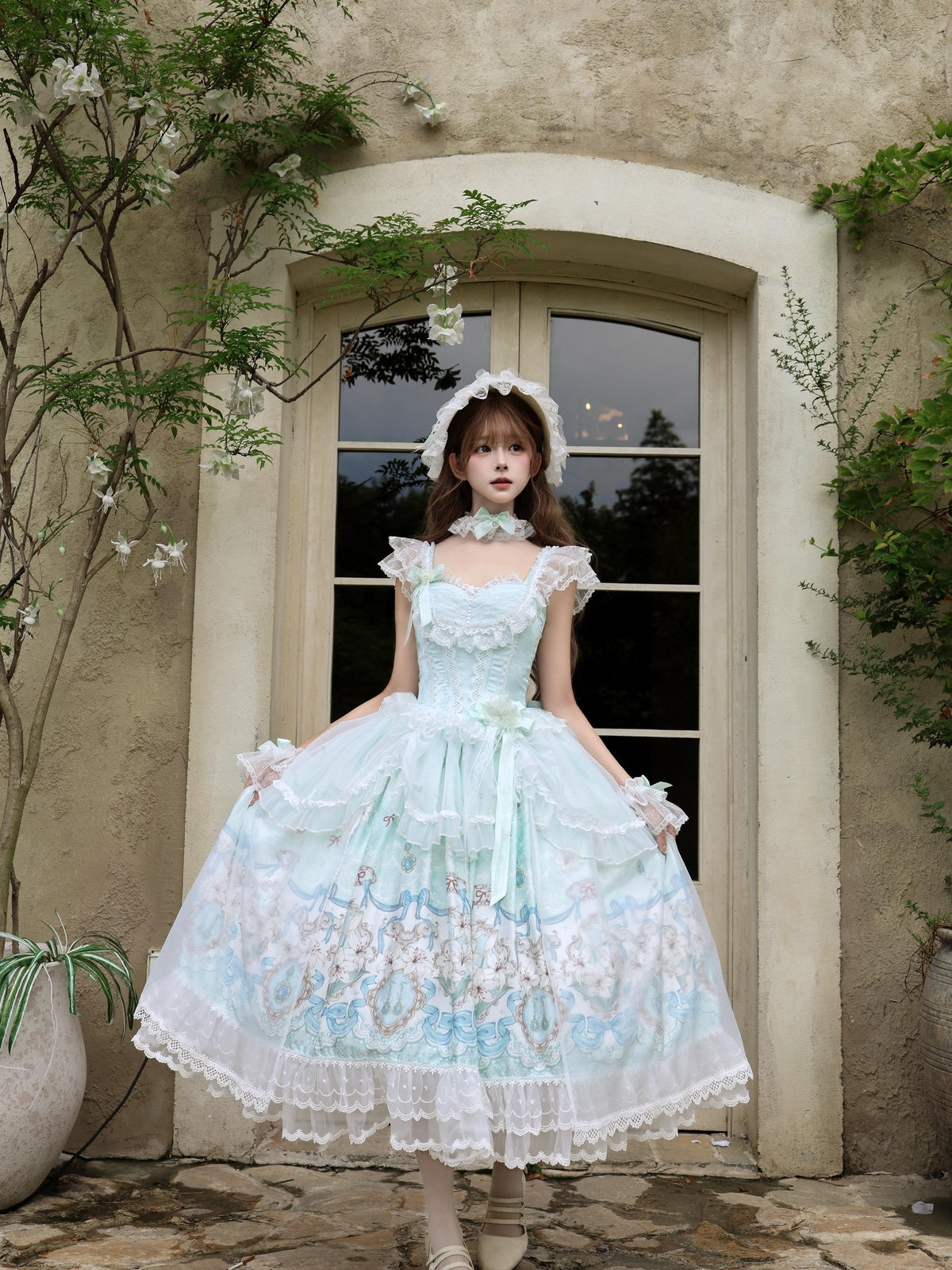 Sweet Mint Green Lolita JSK Dress Lace Ruffle Floral Print Princess Jumper Skirt
