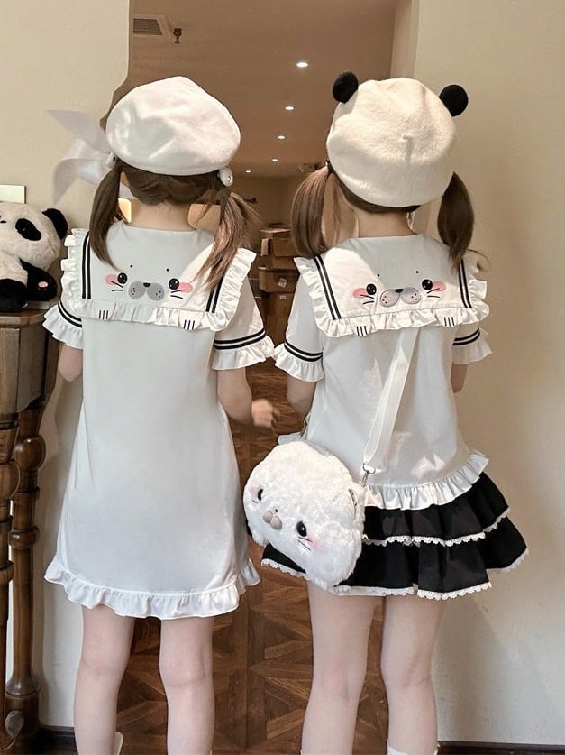 Cute Seal White Sailor Collar Short Sleeve T-Shirt with Bow and Ruffle - To Alice | CoyBunny