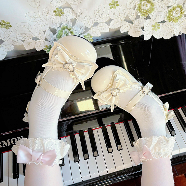 Sweet Lolita Apricot Bow Heart Buckle Strap Block Heel Mary Janes | CoyBunny