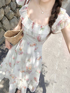 Apricot Summer Vacation Dress with Floral Pattern - Qchiwawameme | CoyBunny