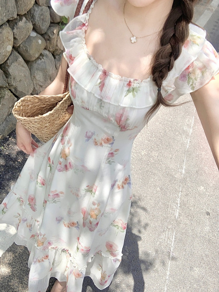 Apricot Summer Vacation Dress with Floral Pattern - Qchiwawameme | CoyBunny