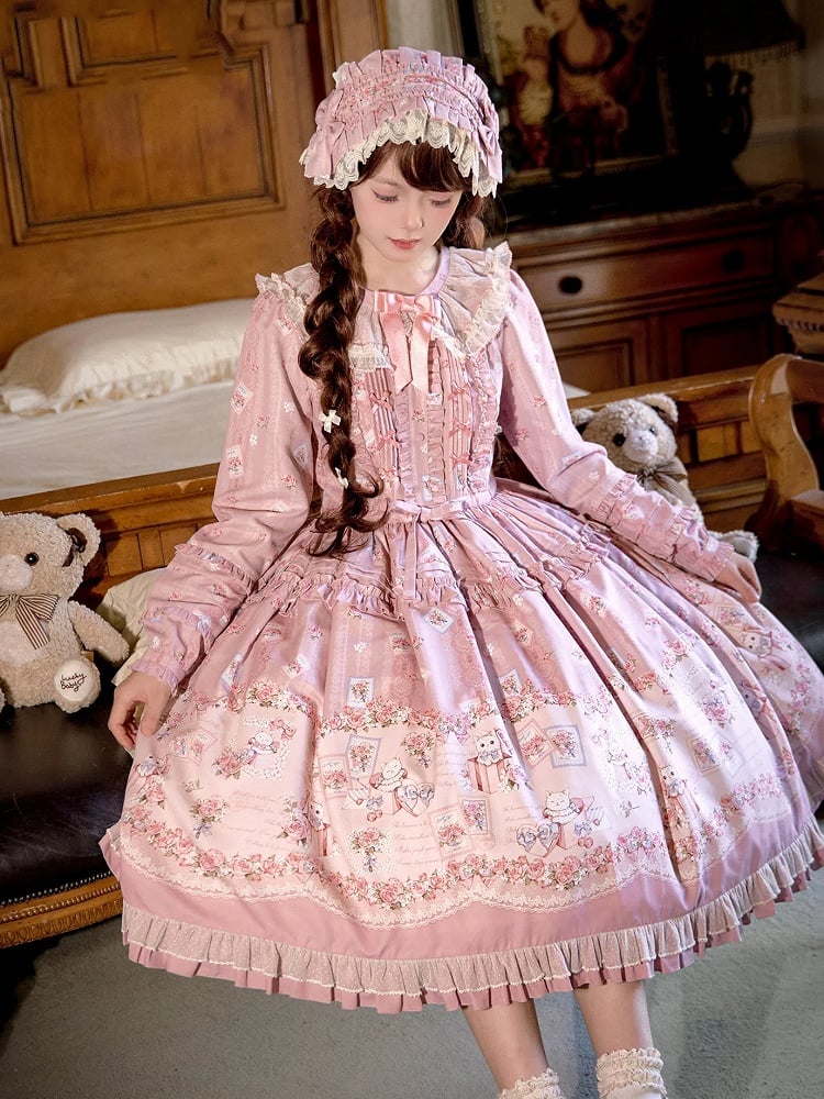 Pink Floral and Kitty Spring Long-Sleeve Pink House Style Sweet Lolita Dress | CoyBunny