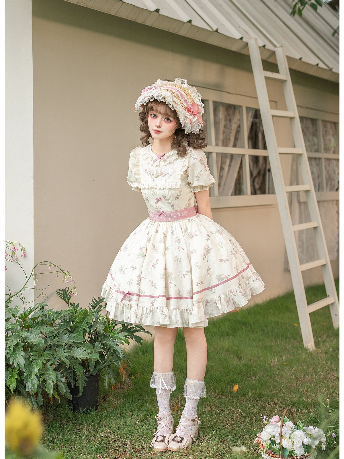 Embroidered Lolita OP Set with Pink Flat Hat & Belt