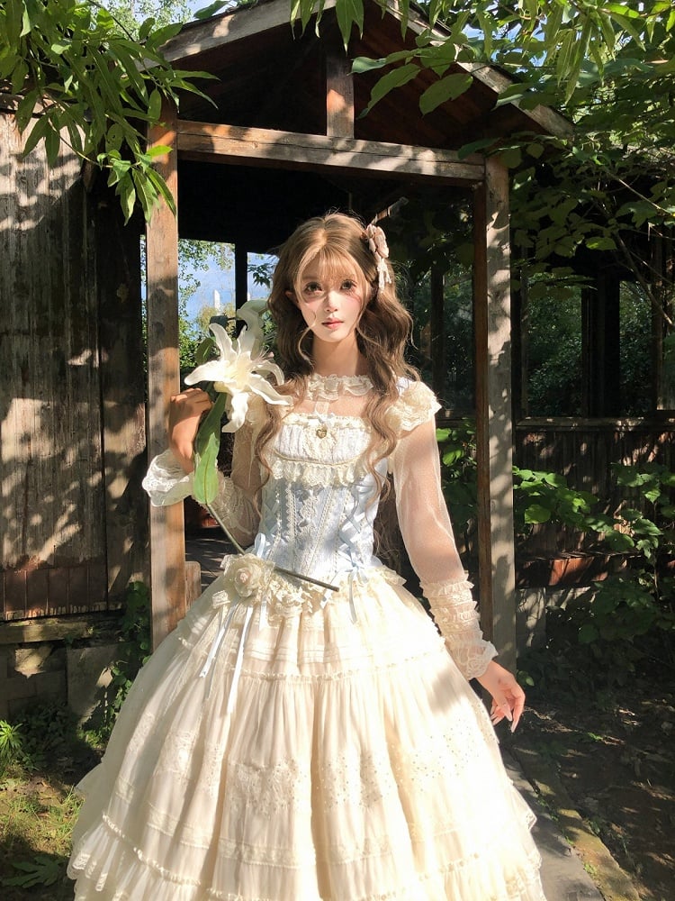Princess Top & Skirt Set with Lace, Floral, Blue & White Sweet Lolita - Twilight Flower Letter | CoyBunny