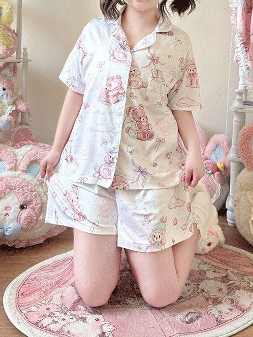 White Sweet Bear Print Short Sleeve Top and Shorts Sleep Set - Versatile girl | CoyBunny
