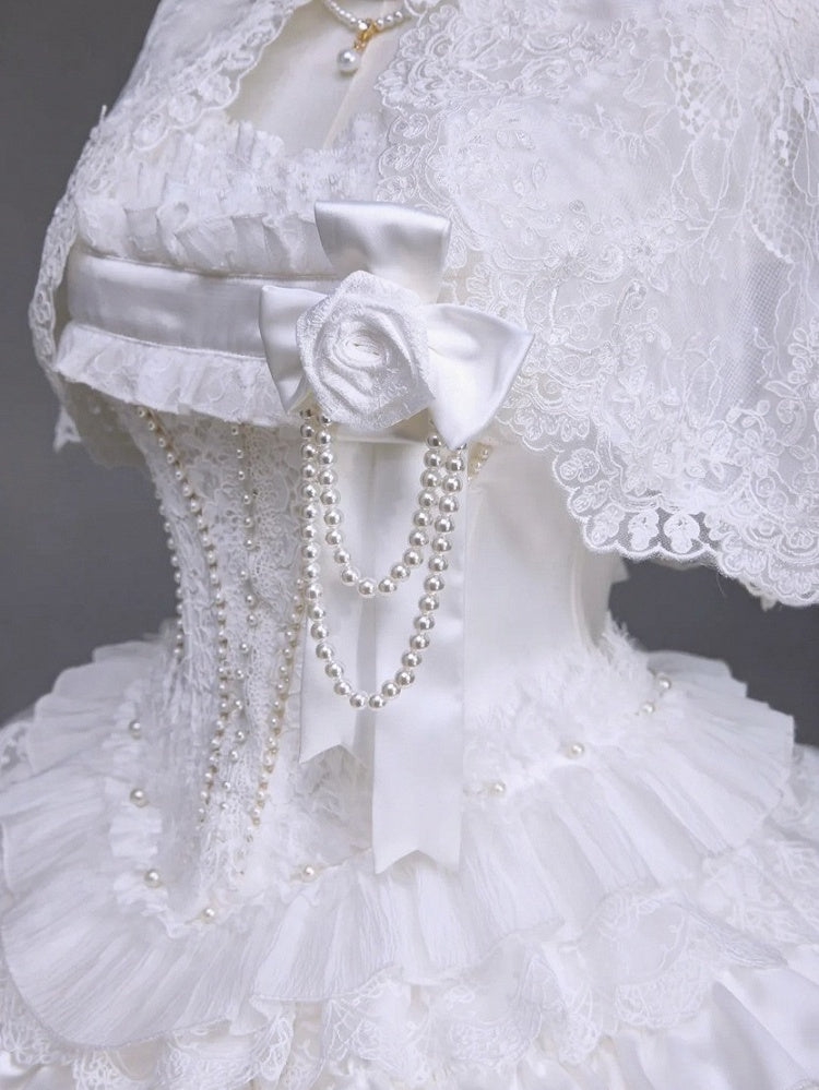 Snow Theme Elegant JSK Dress with Pearl and Floral Brooch - Airfreeing | CoyBunny