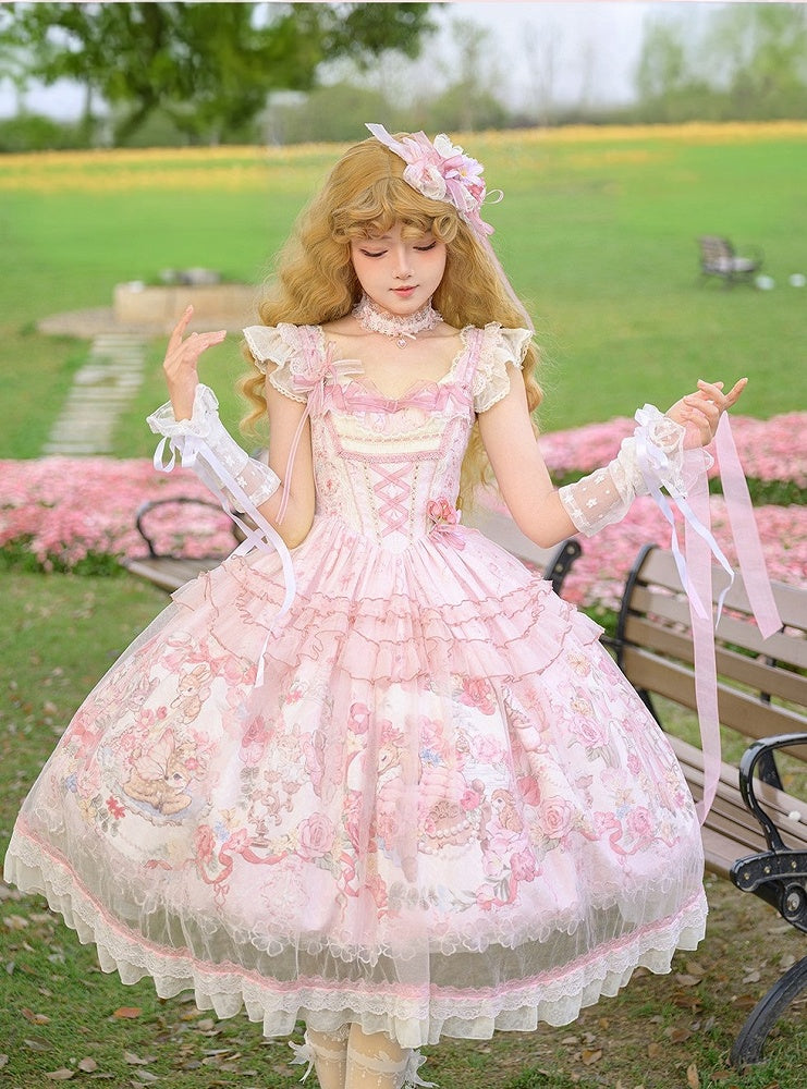Pink Deer & Floral Print Flutter Sleeves Sweet Lolita JSK Dress with Overlay - Honey Machine | CoyBunny
