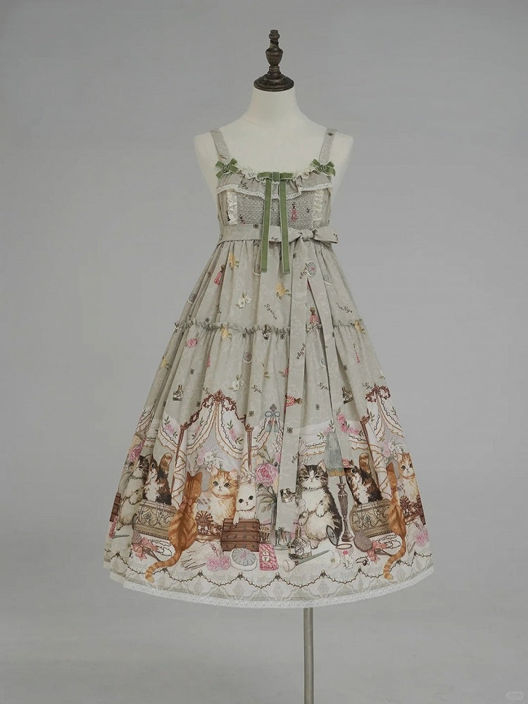Green Cat Print High Waist Sweet Lolita Jumper Skirt - NyaNya | CoyBunny