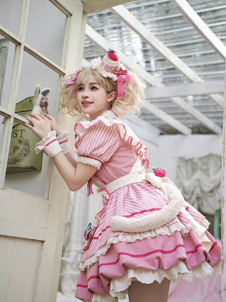 Strawberry Theme Sweet Lolita OP with Apron, Sakura Pink Striped Pattern - Sakurahime | CoyBunny