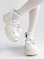 White Platform High Heels with Heart Buckle and Bow - Rainie Dream | CoyBunny