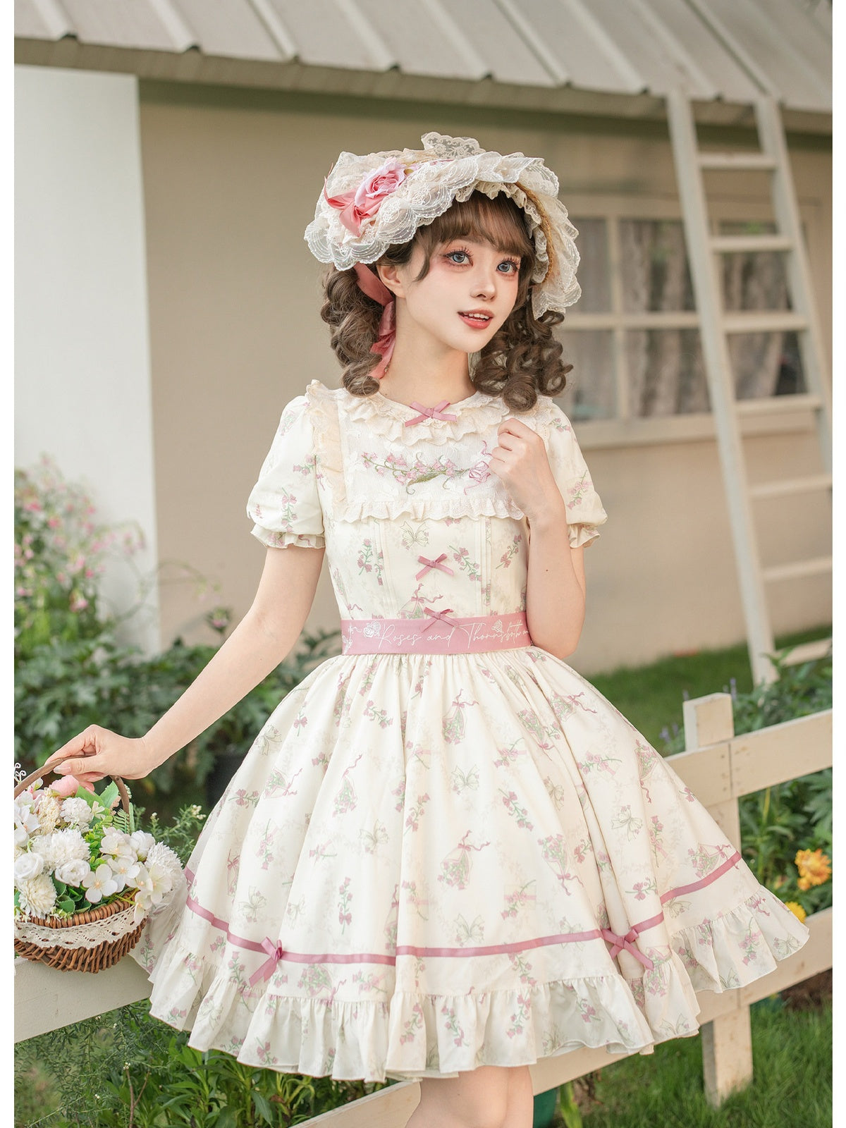 Embroidered Lolita OP Set with Pink Flat Hat & Belt