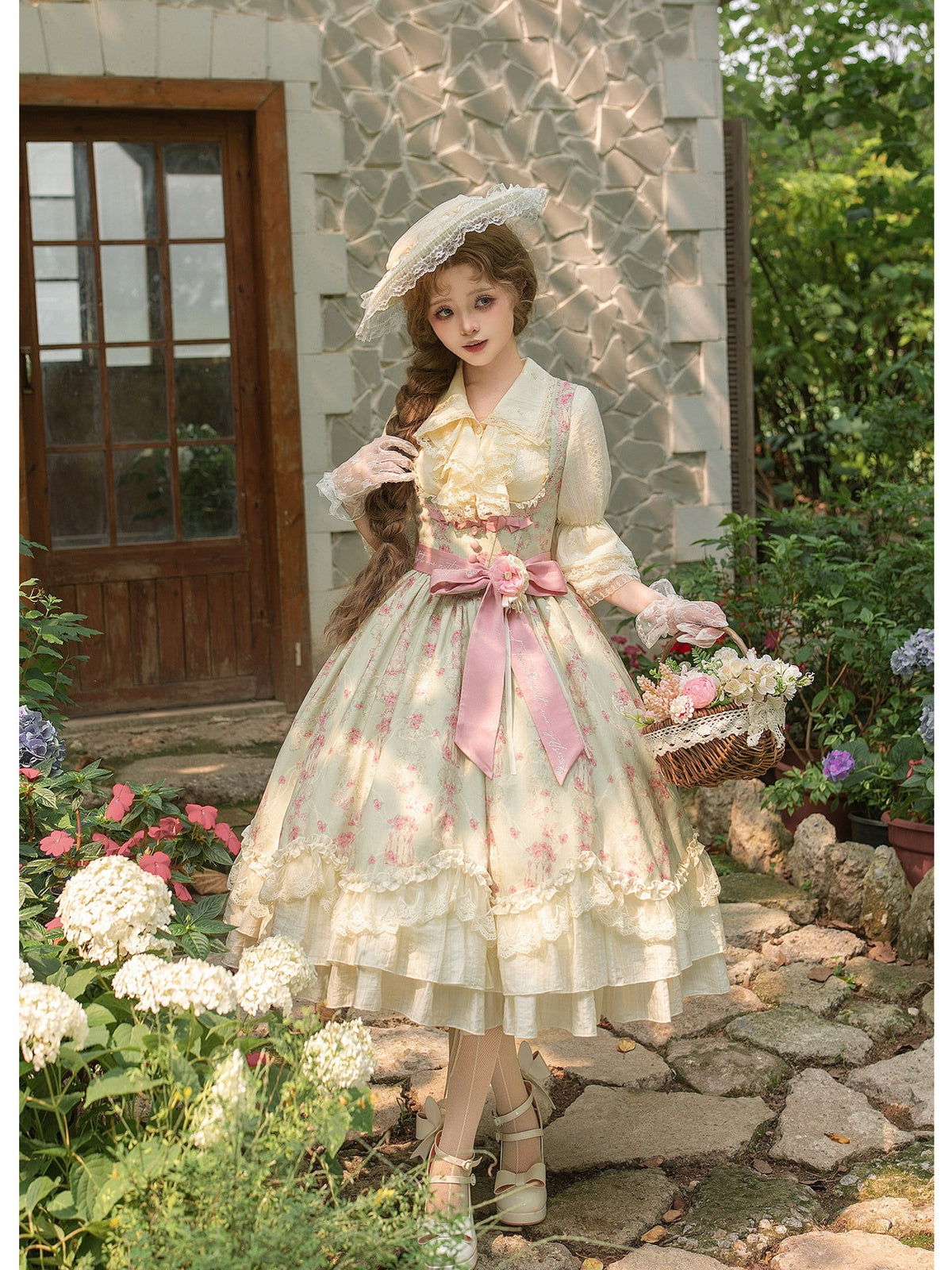 Petal Hem Lolita Bustier Set with Shirt, Hat & Flower