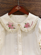 Pink Rosette Embroidery Collar Cream Short Sleeve Blouse - Dream Magic Box | CoyBunny