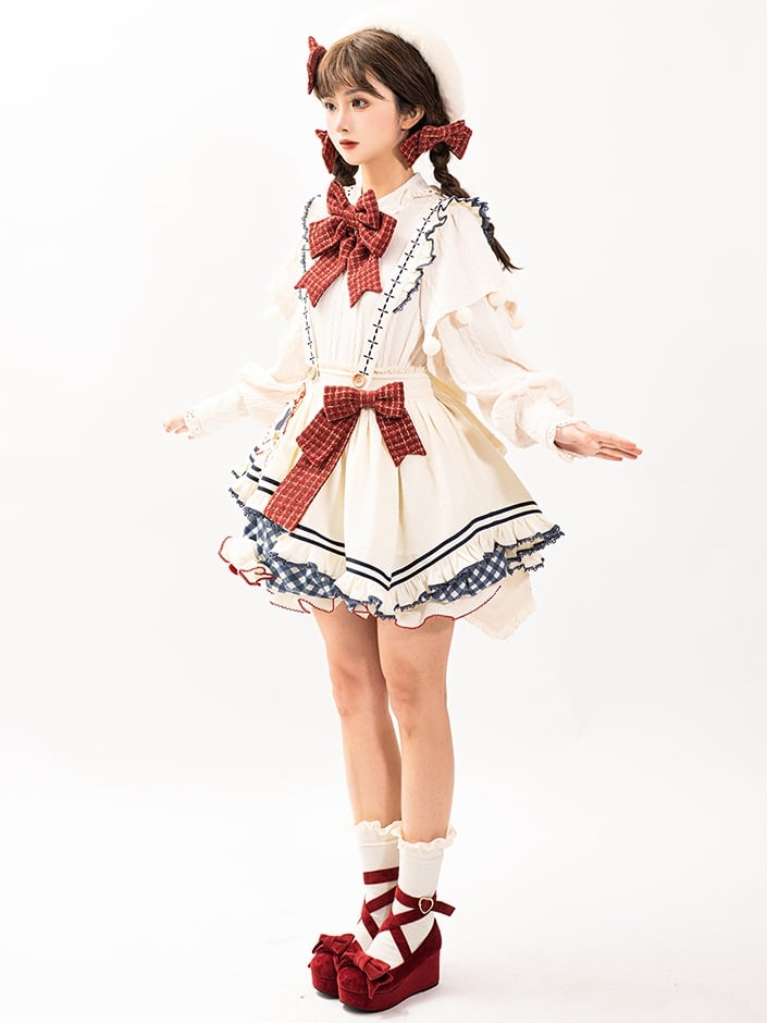 White Long-Sleeve Knitted Top Apron Blue Plaid Print Bloomer Shorts Sweet Lolita Full Set | CoyBunny