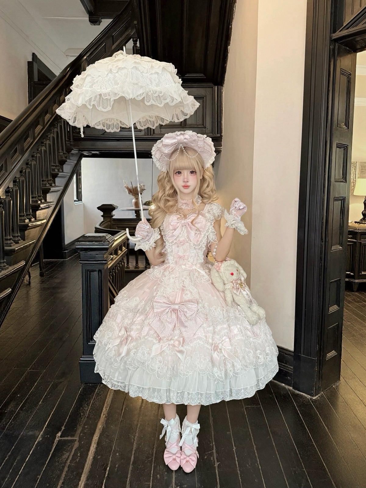 Pink Light Wedding Lolita JSK Dress with Hat & Necklace